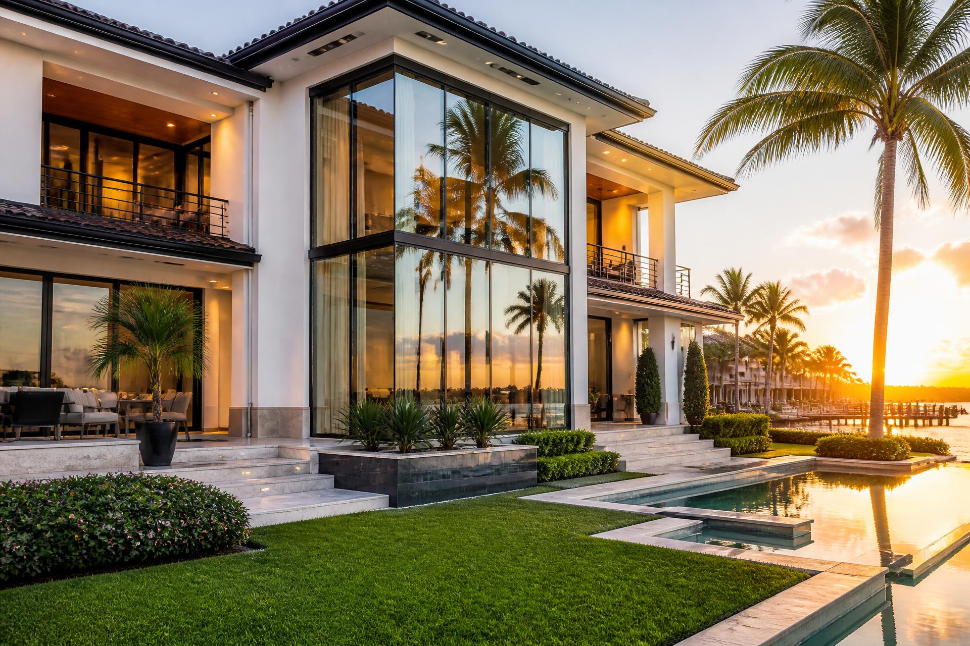 Luxury Naples, Florida home with spotless floor-to-ceiling windows at sunset