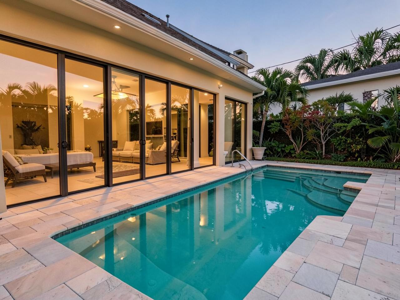 Clean pool deck and spotless sliding glass doors on a Naples lanai
