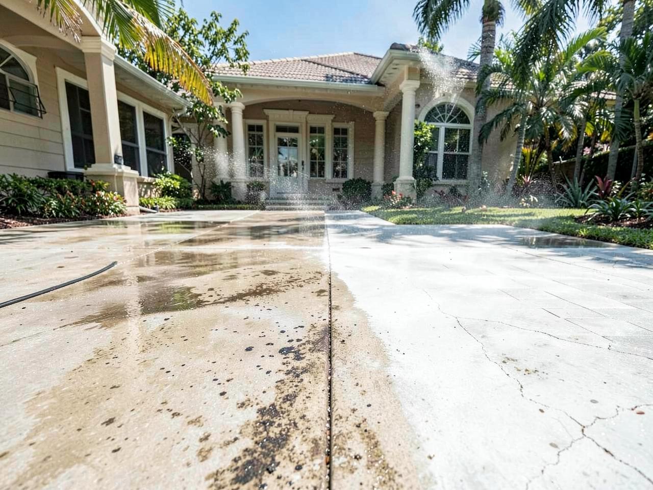 Pressure washing a driveway at a Naples, Florida home